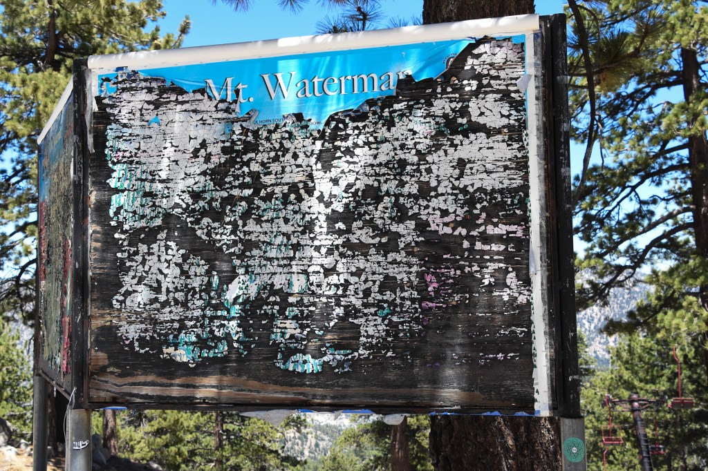 Old trail map sign near the top of Mt. Waterman ski area.